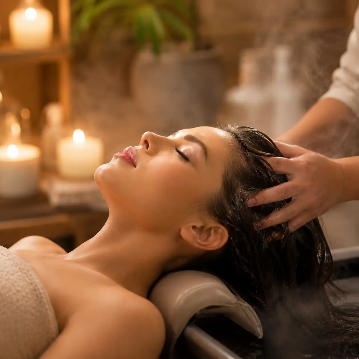 Woman relaxing on a head spa bed during a therapeutic scalp massage session