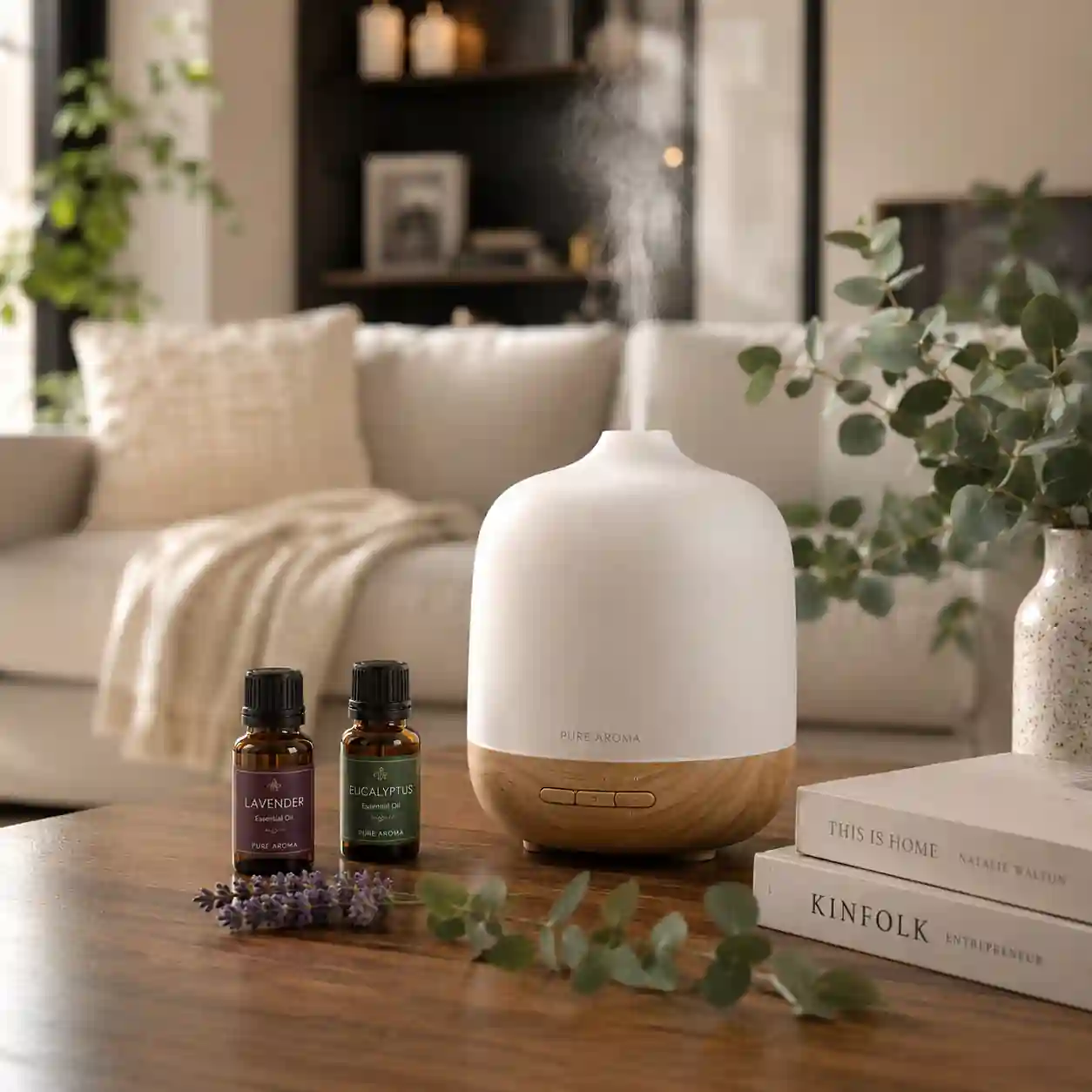 Ultrasonic aromatherapy diffuser releasing fine mist in a contemporary living room