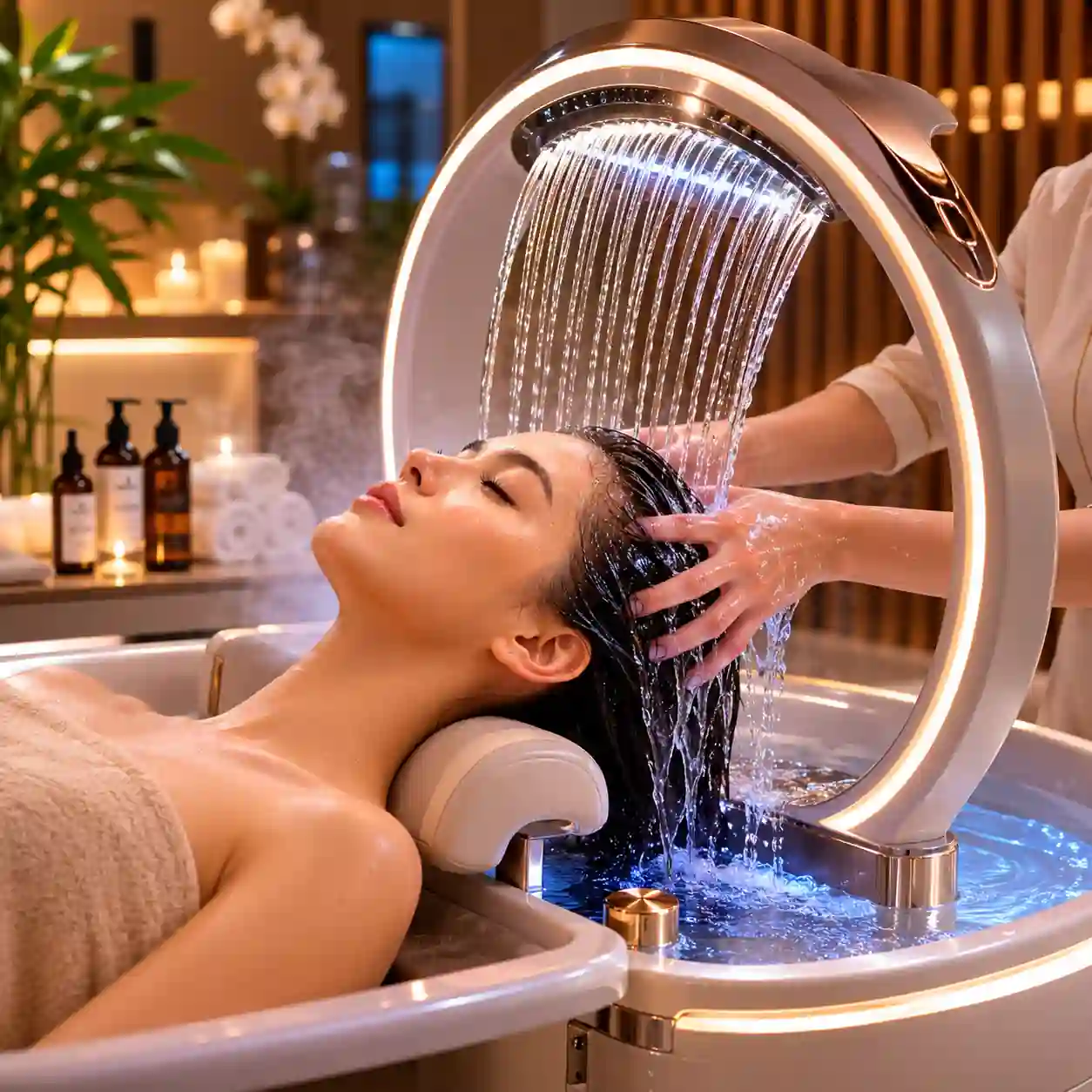 Japanese head spa bed featuring relaxing waterfall scalp therapy technology