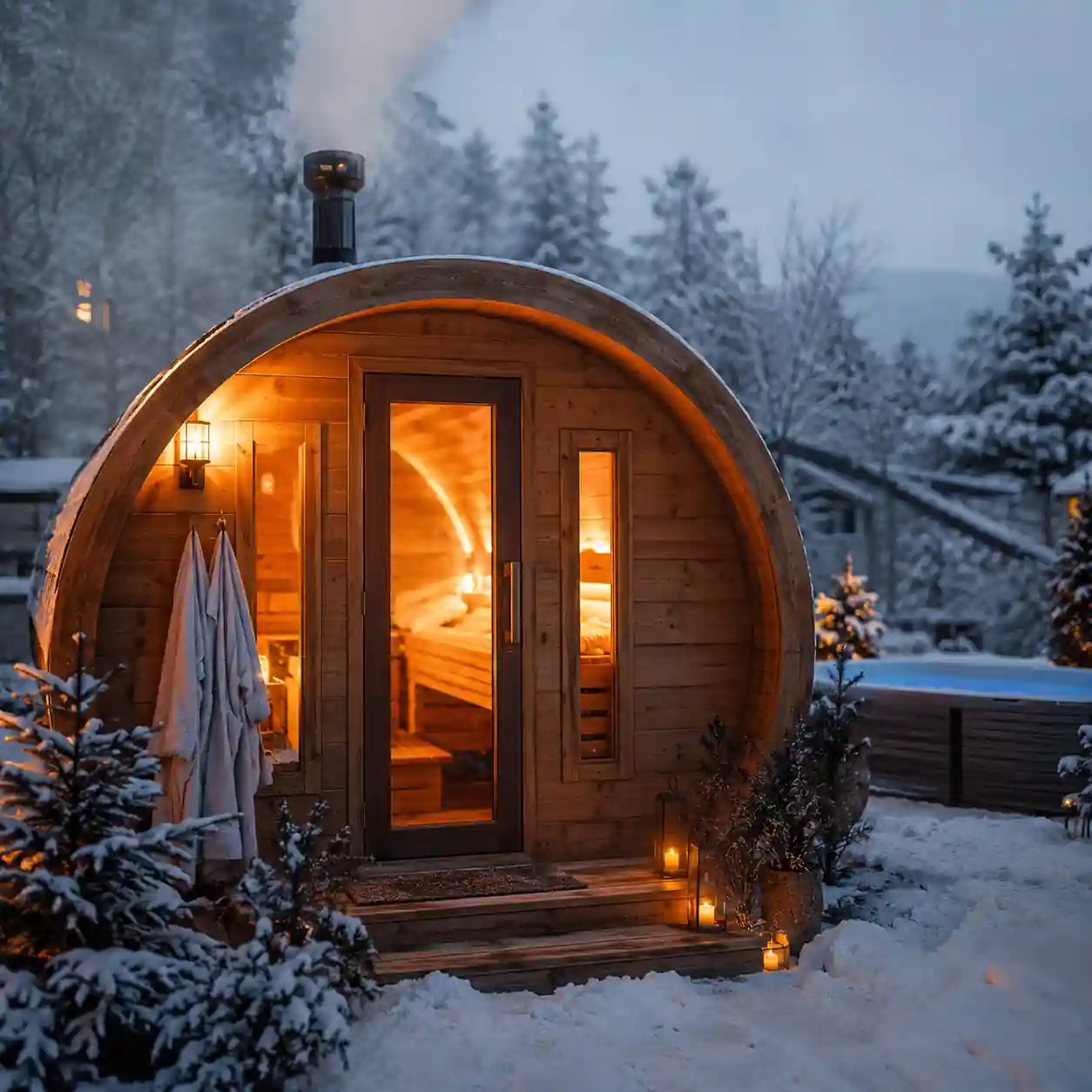 Outdoor barrel sauna in a snowy winter landscape