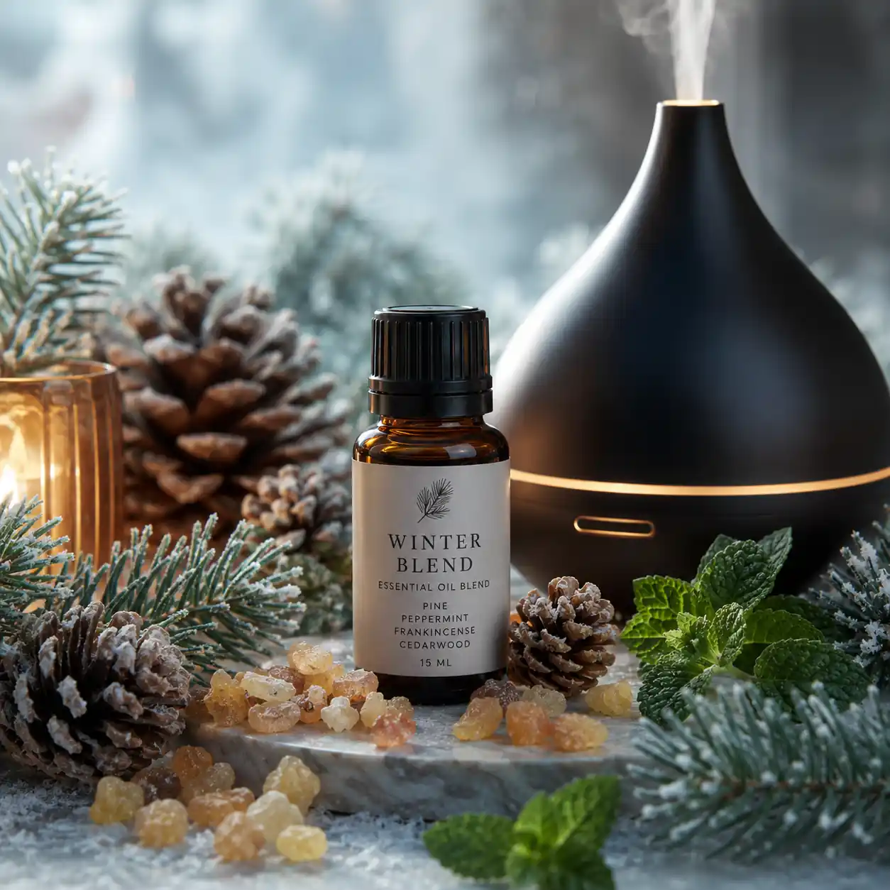 Winter essential oil blend featuring fir needle branches, peppermint, frankincense resin, and pinecones.