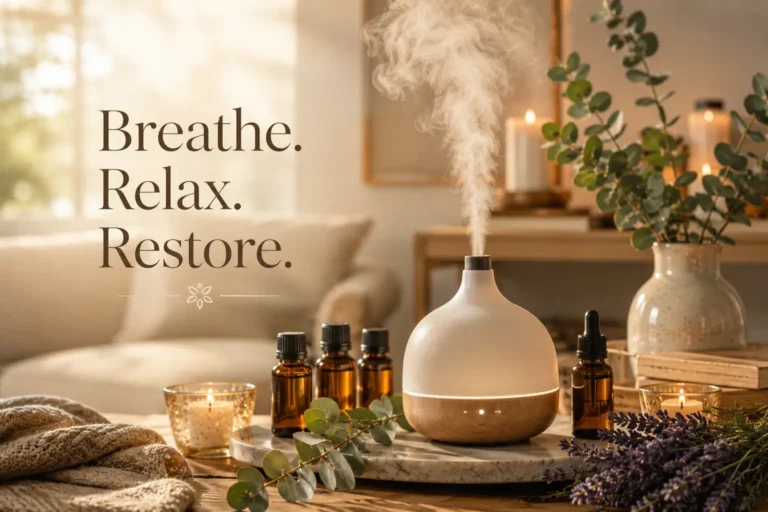 Aromatherapy diffuser releasing a fine mist of essential oils in a modern home