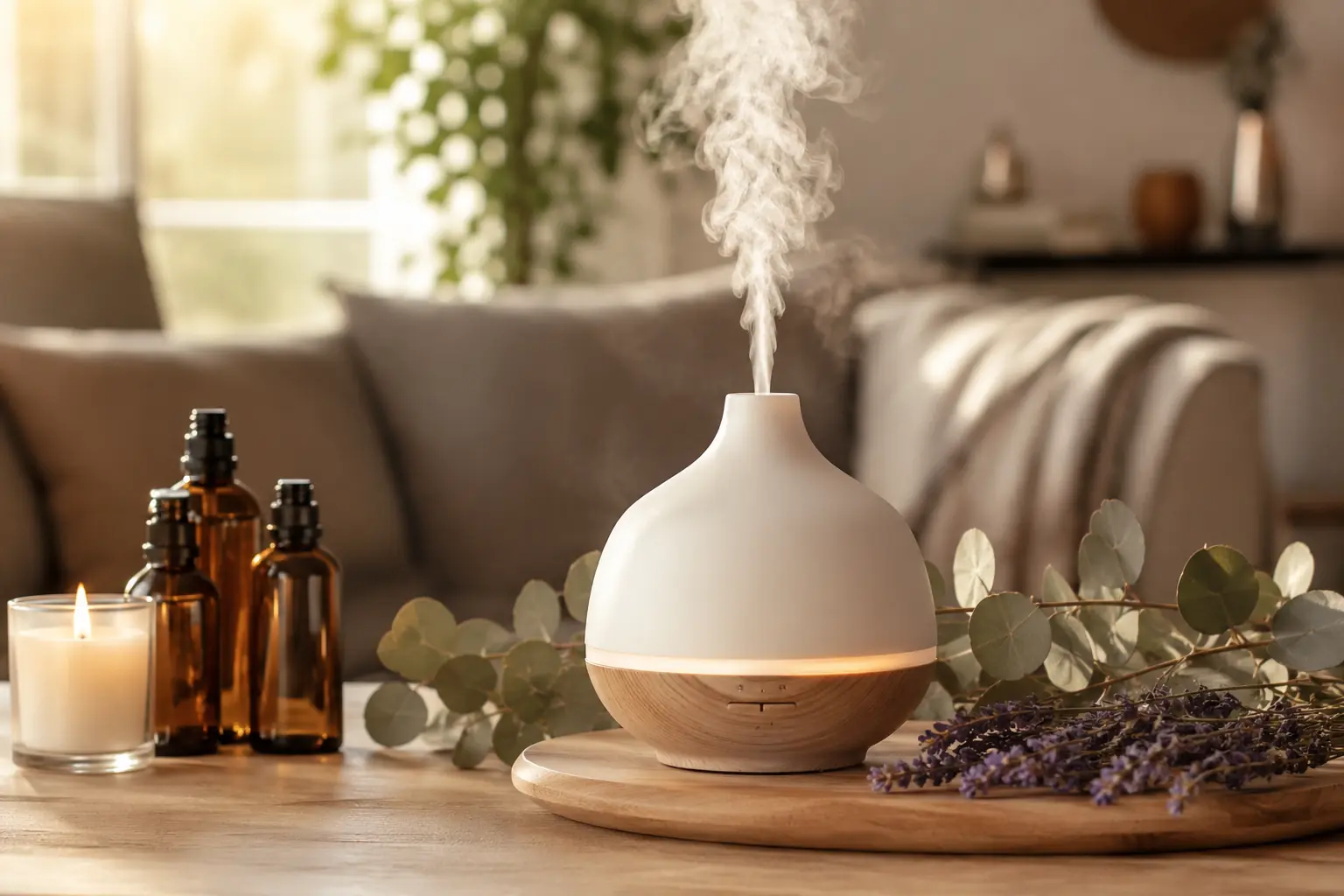 Essential oil bottles and botanical ingredients used in natural aromatherapy practices