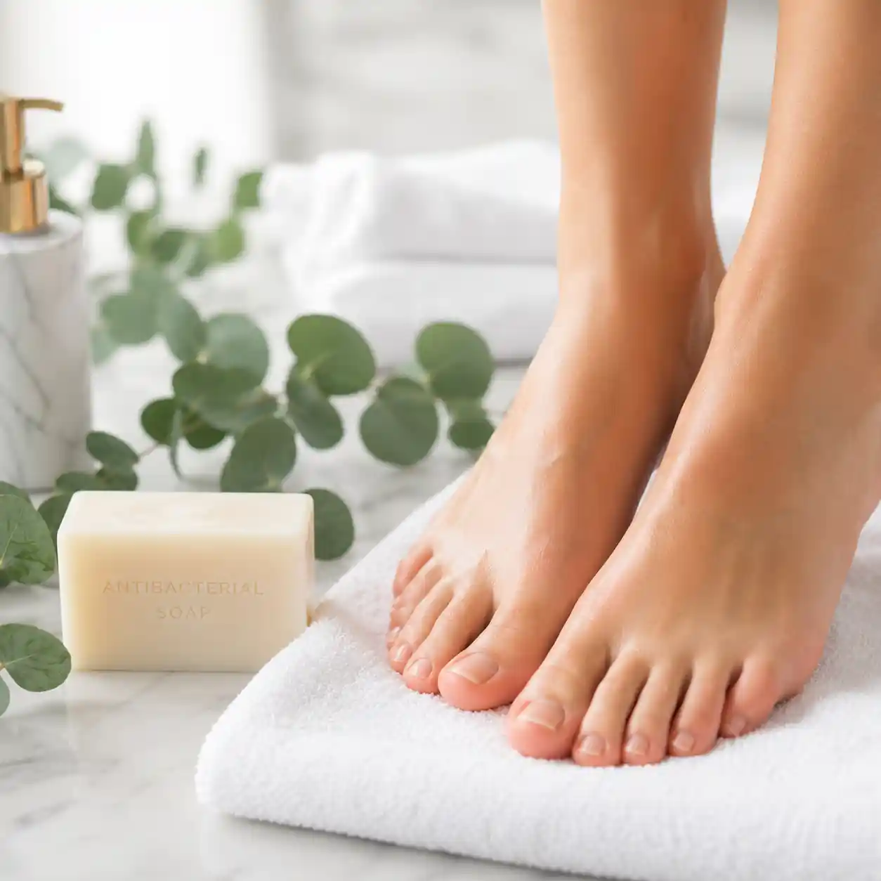 Healthy feet and antibacterial soap in a daily wellness routine