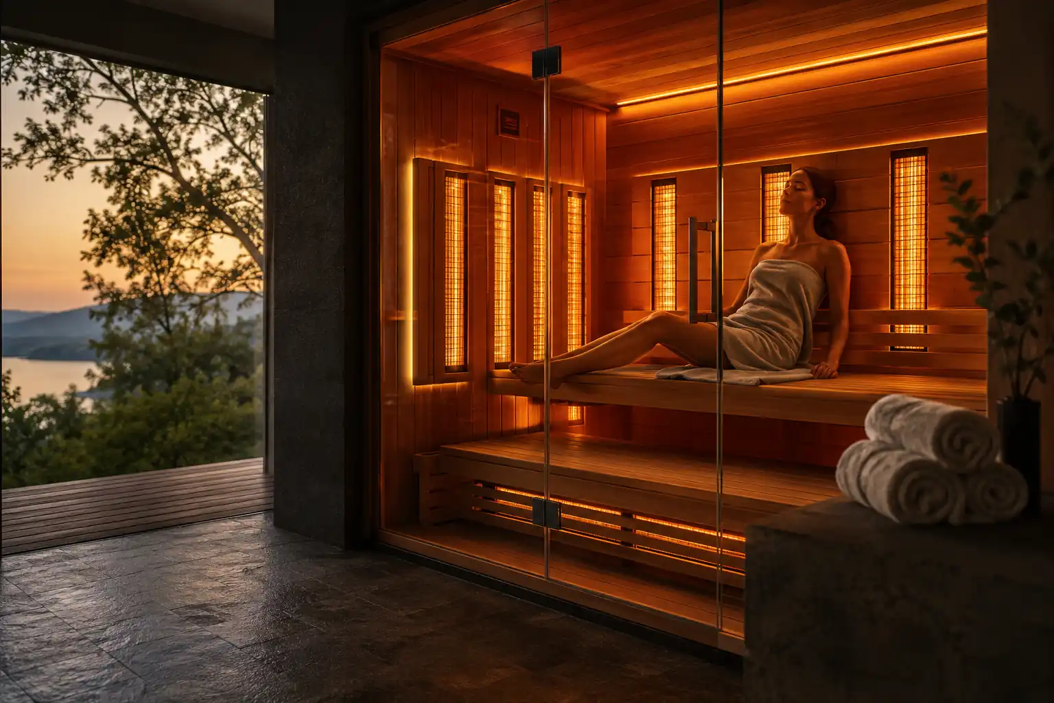 Wellness enthusiast enjoying heat therapy benefits in a modern sauna setting