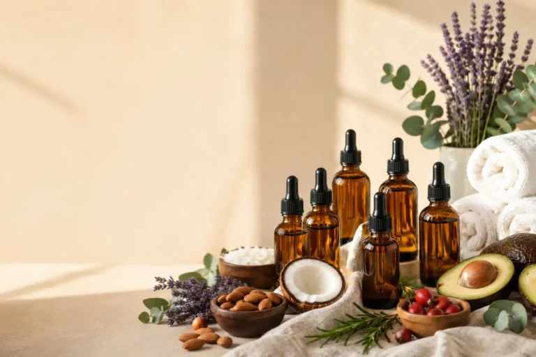 Amber glass bottles filled with jojoba, sweet almond, coconut, argan, avocado, grapeseed, and rosehip carrier oils arranged with natural botanical ingredients for essential oil blending.