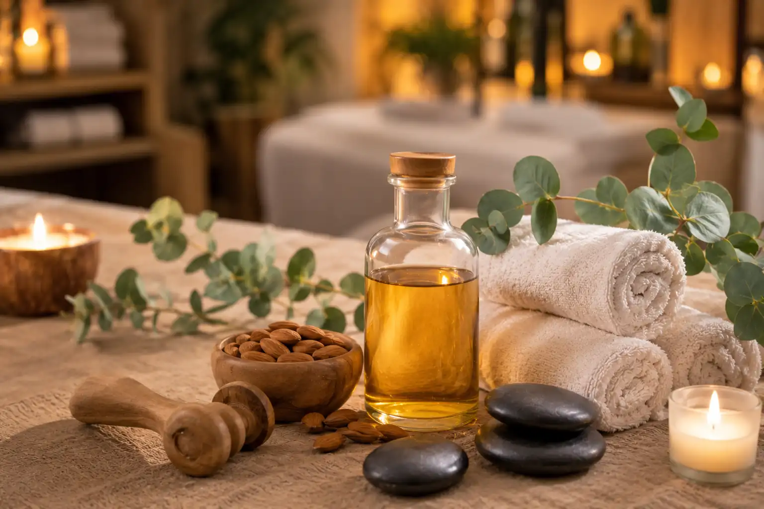 Sweet almond carrier oil bottle beside rolled towels, massage stones, candles, and eucalyptus in a relaxing spa setting.