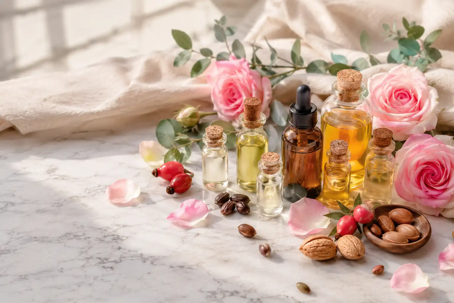 Carrier oil for rose oil with jojoba oil, rosehip oil, argan oil, sweet almond oil, fresh roses, and botanical skincare ingredients on a marble surface.