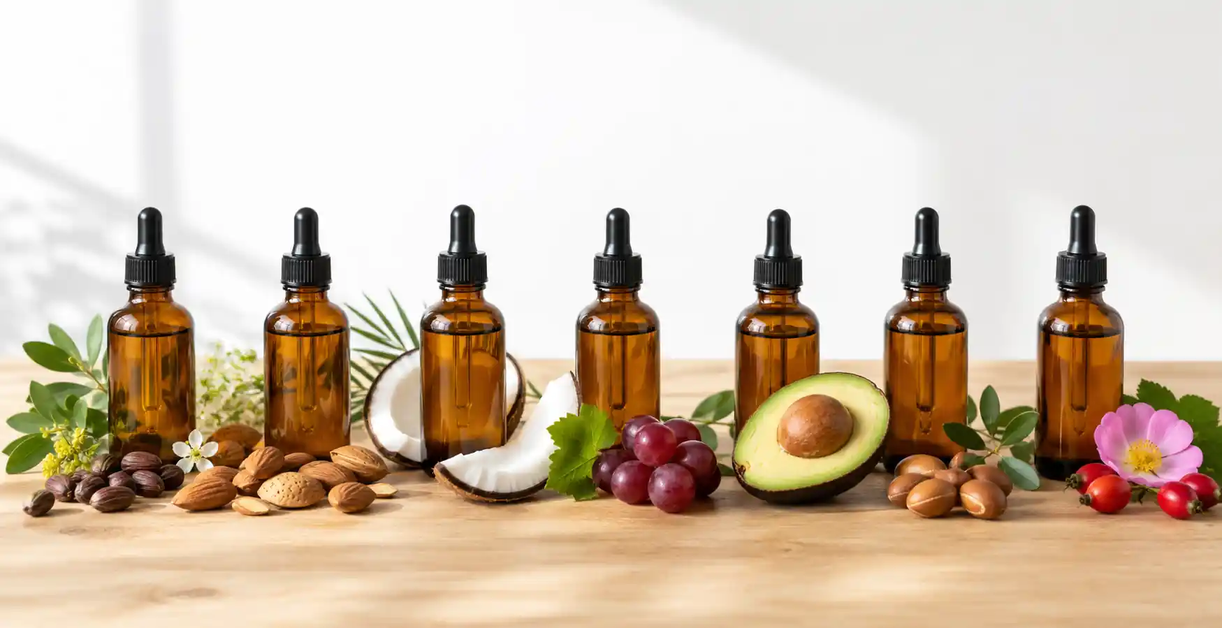 Collection of popular carrier oils including jojoba, sweet almond, grapeseed, avocado, argan, rosehip, and coconut oil displayed side by side.