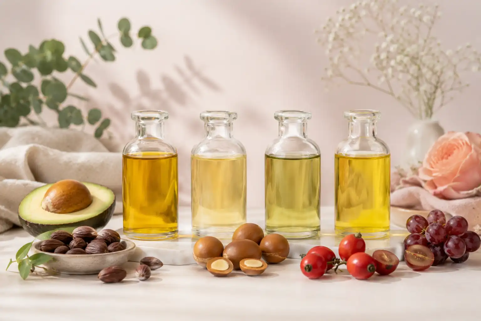 Natural carrier oils including jojoba, avocado, argan, rosehip, and grapeseed arranged to represent different skin types.