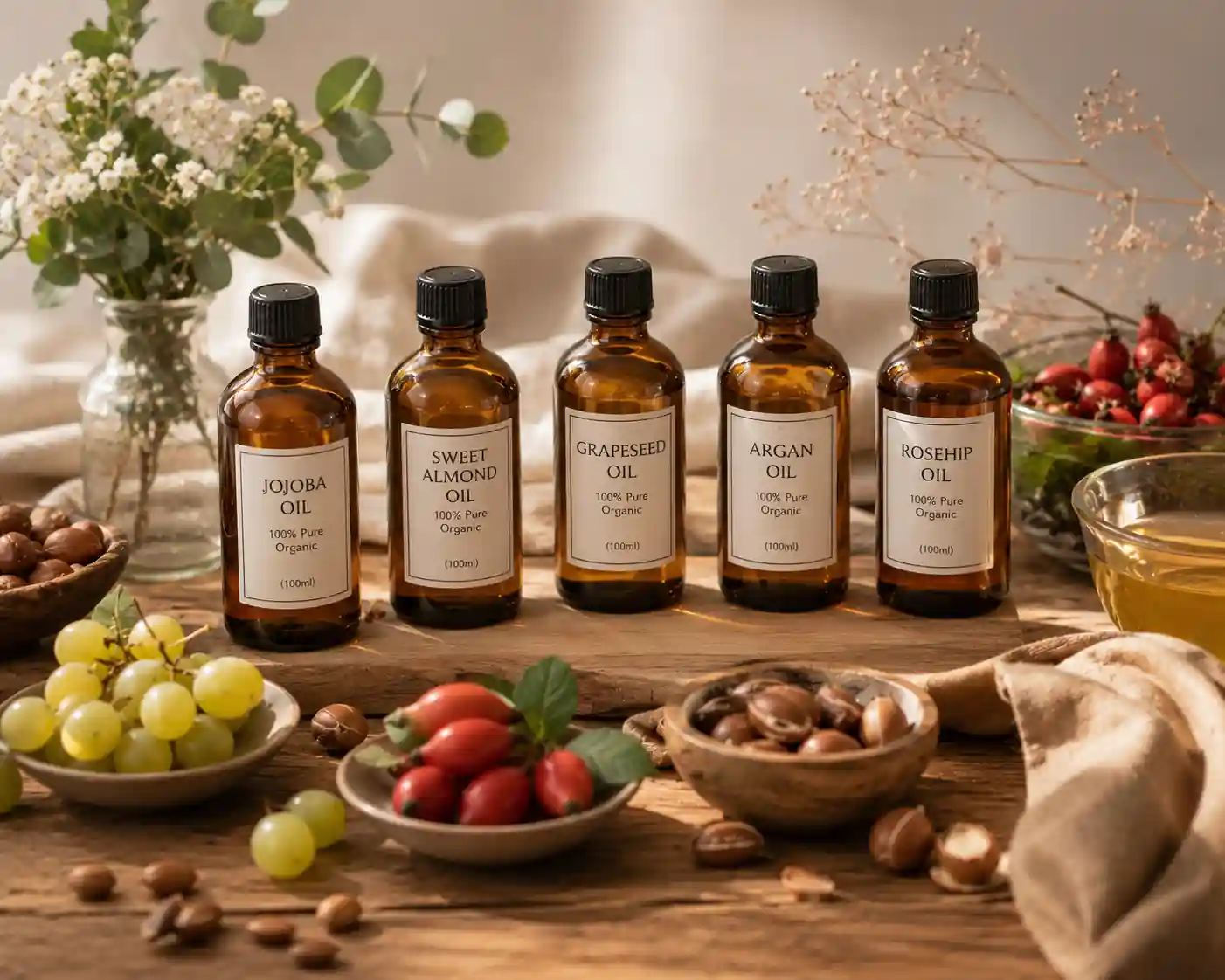 Five carrier oils including jojoba, sweet almond, grapeseed, argan, and rosehip oil displayed in amber bottles with botanical ingredients.