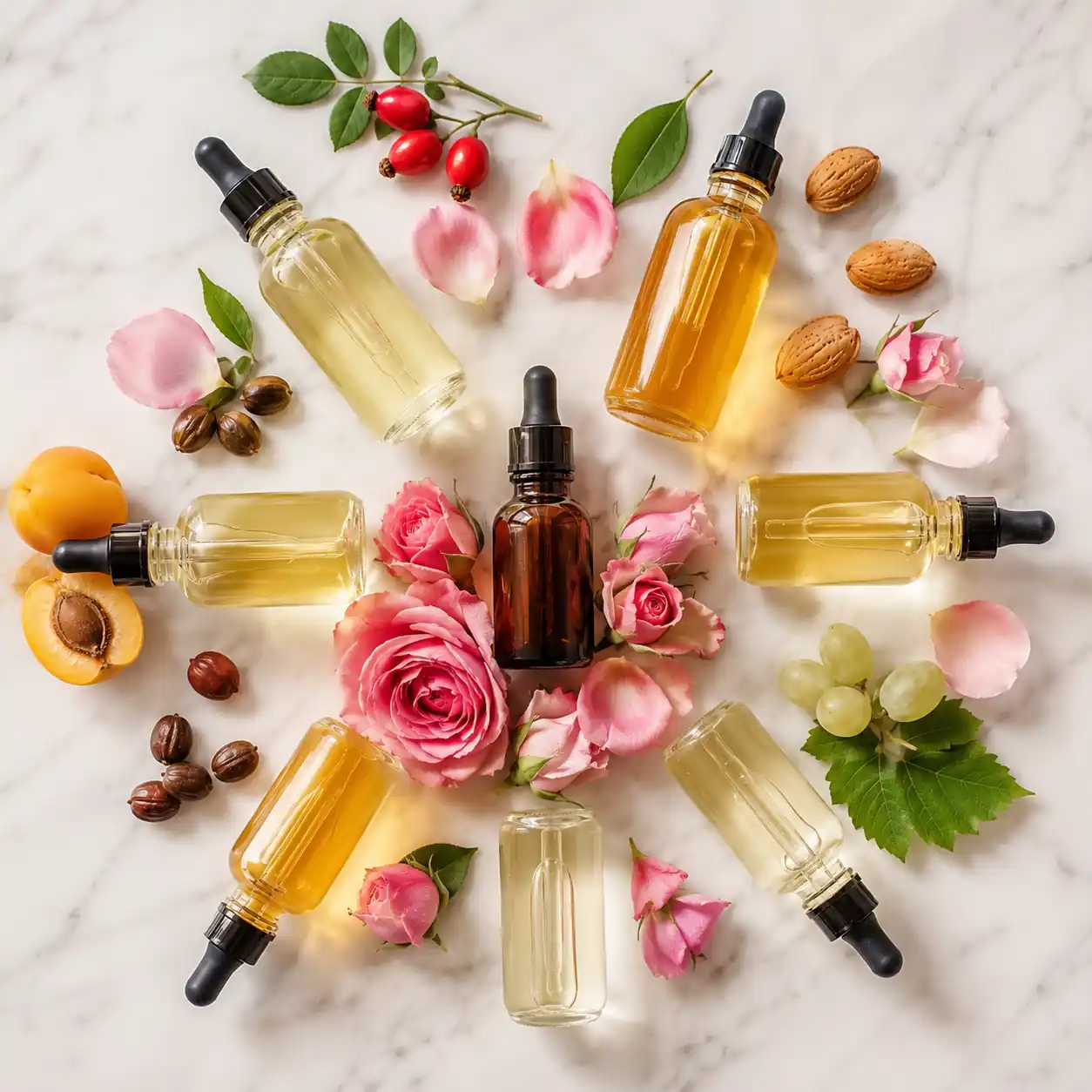 Comparison of jojoba, rosehip, argan, grapeseed, sweet almond, and apricot kernel oils used as carrier oils for rose oil.