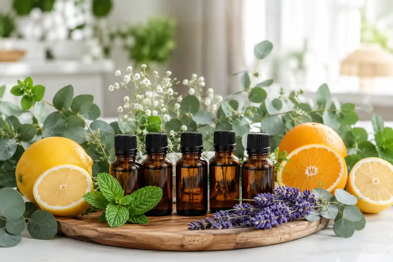 Lemon, peppermint, eucalyptus, lavender, and orange essential oils arranged with fresh botanicals.