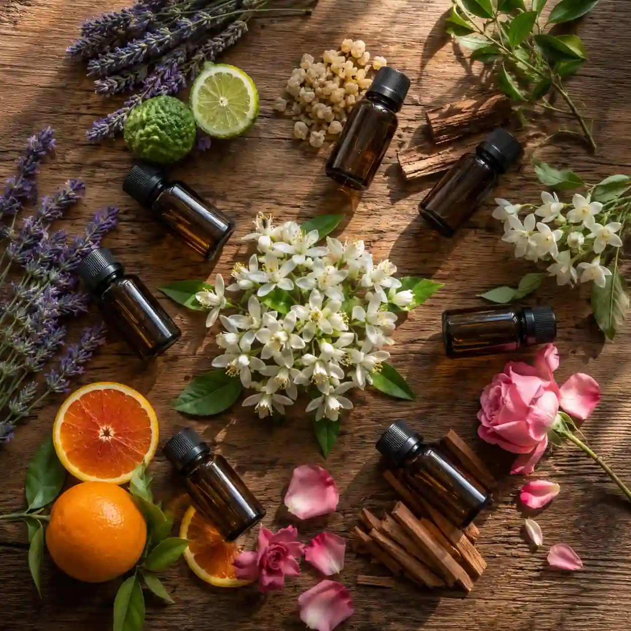 Collection of essential oils including lavender, bergamot, frankincense, and orange blossom.
