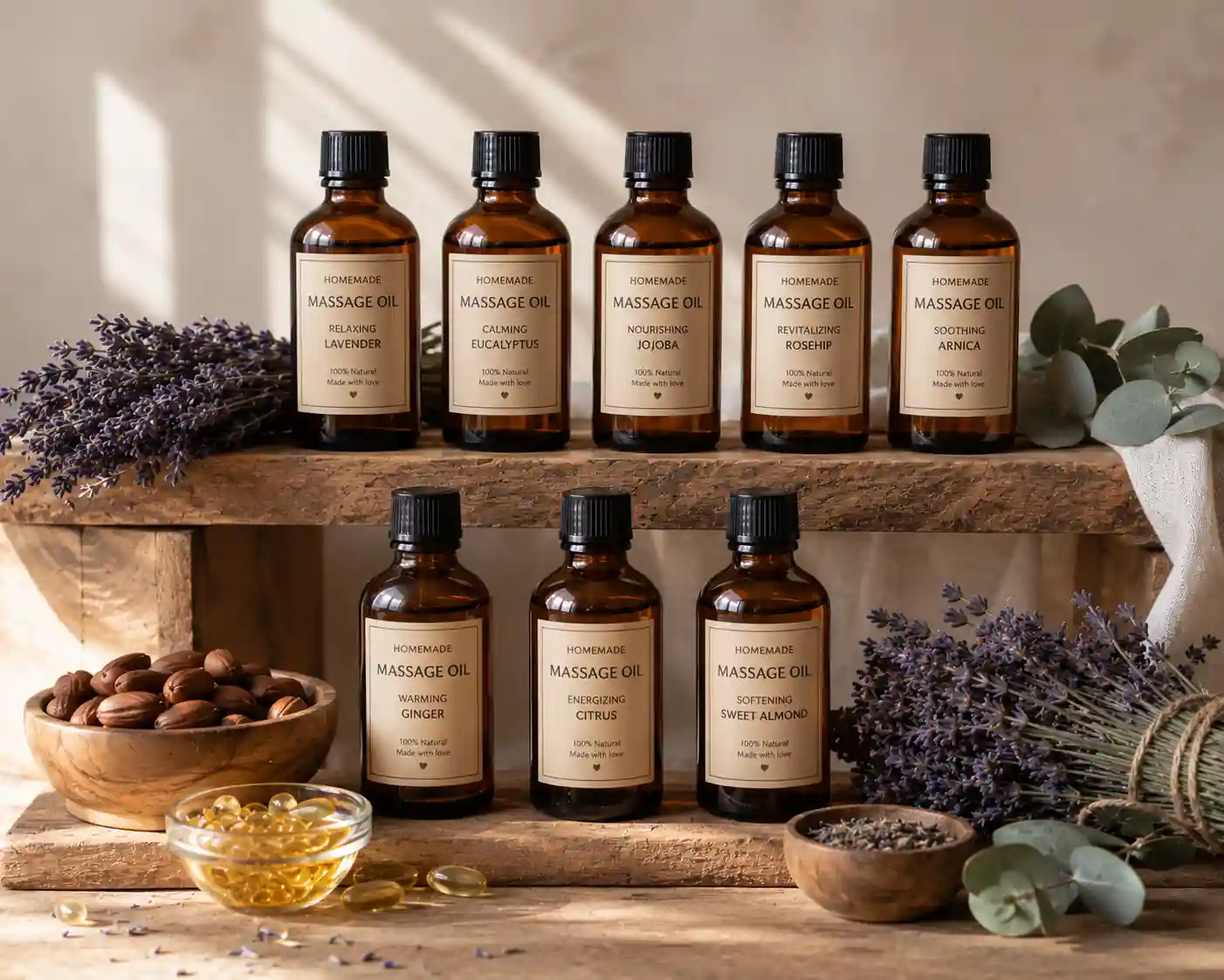 Assortment of homemade massage oil bottles displayed on rustic wooden shelves with lavender bundles, eucalyptus leaves, jojoba seeds, and vitamin E capsules.