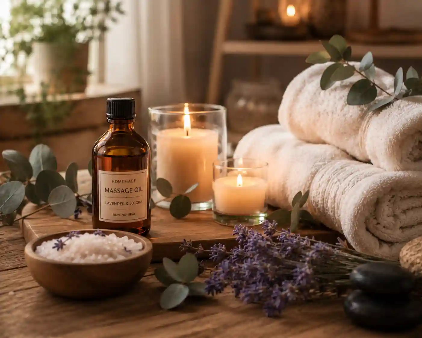 Homemade massage oil beside candles, rolled towels, lavender flowers, eucalyptus leaves, bath salts, and massage stones in a relaxing spa setting.