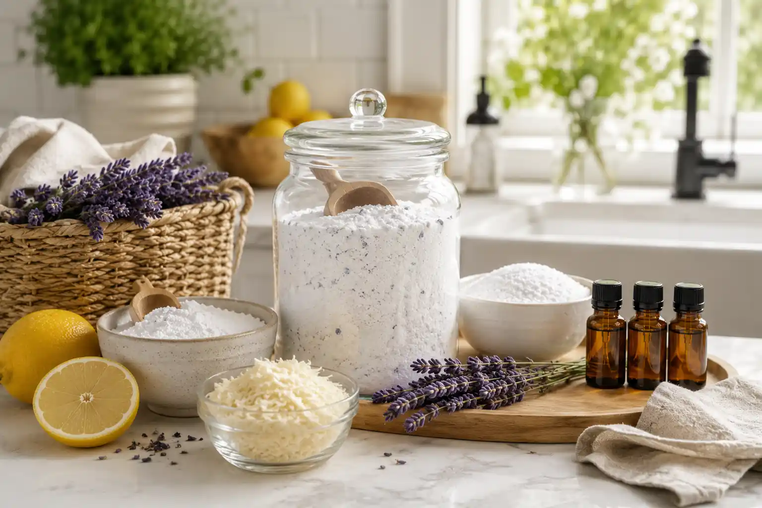 Homemade laundry detergent with essential oils, baking soda, washing soda, and castile soap.