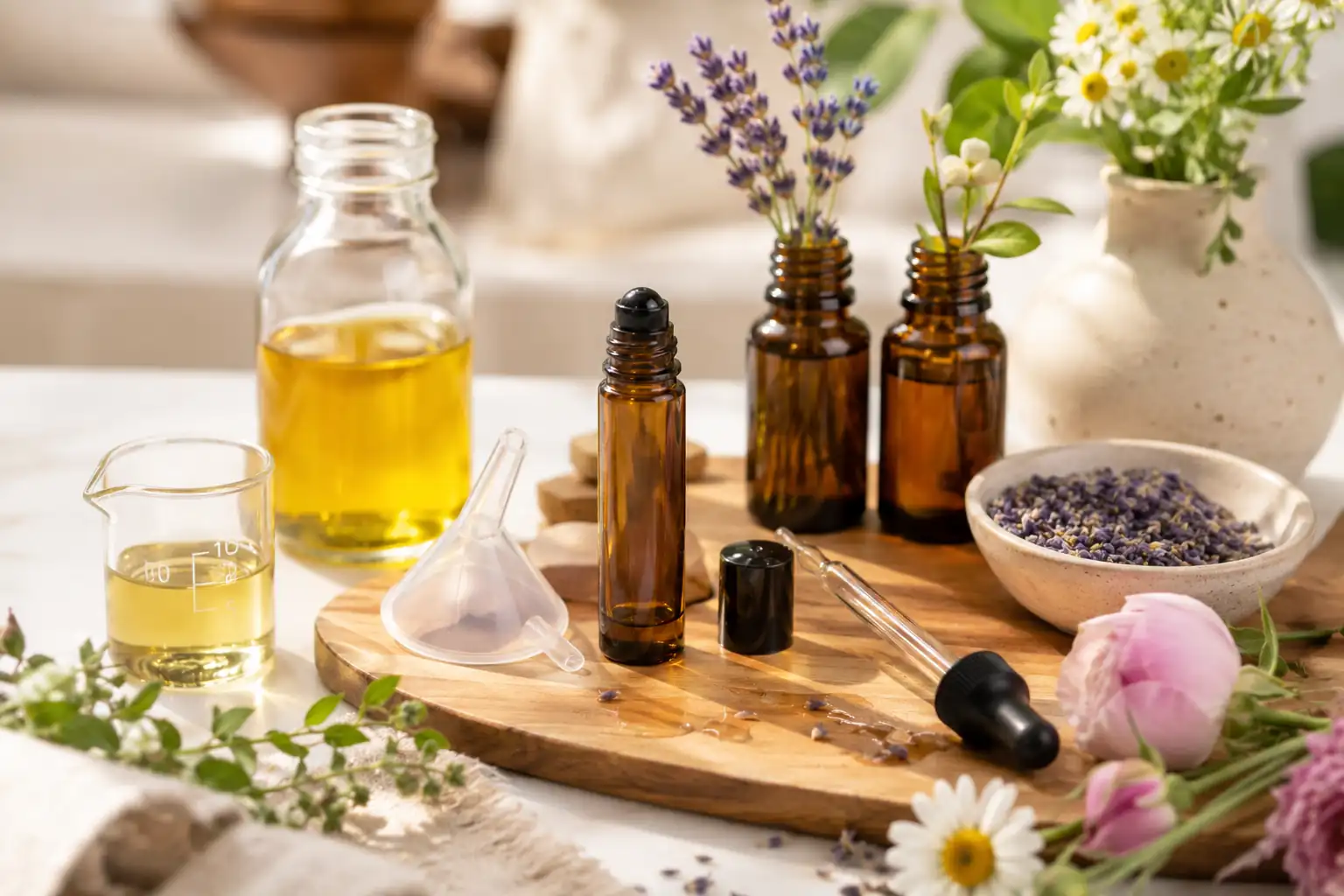 Amber roller bottle with jojoba carrier oil, lavender essential oil, glass dropper, and natural botanical ingredients.