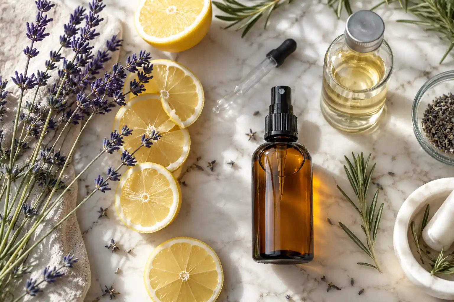 Homemade essential oil room spray with lemon, lavender, rosemary, and amber glass bottle.
