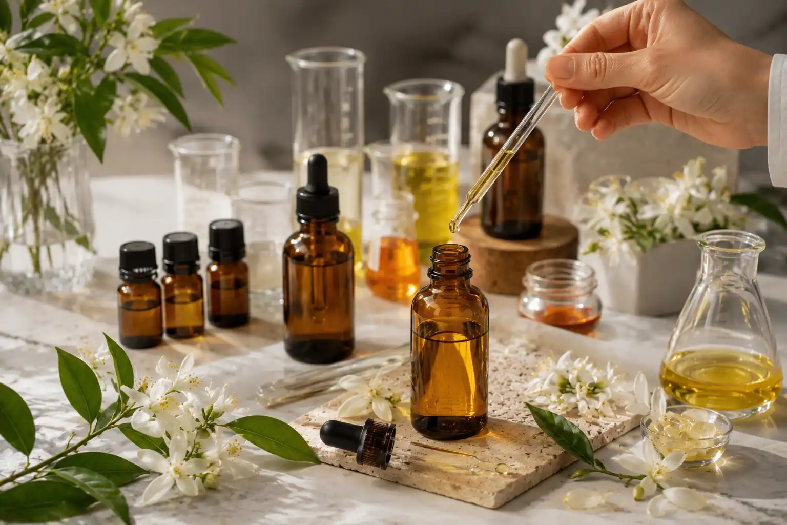 Homemade facial oil made with orange blossom essential oil, jojoba oil, and rosehip oil.
