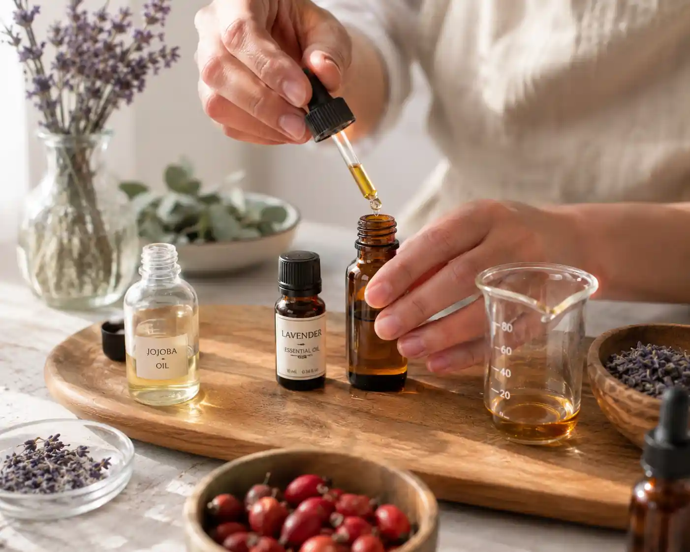 Close-up of hands mixing homemade massage oil in an amber glass bottle using jojoba oil and lavender essential oil with a glass dropper.