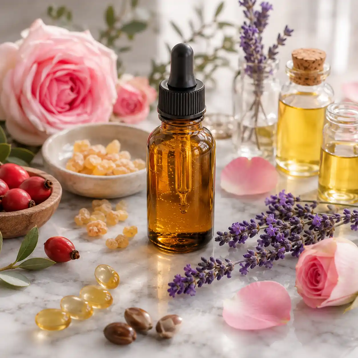 Homemade facial serum made with rose essential oil, rosehip oil, argan oil, jojoba oil, vitamin E, and lavender.