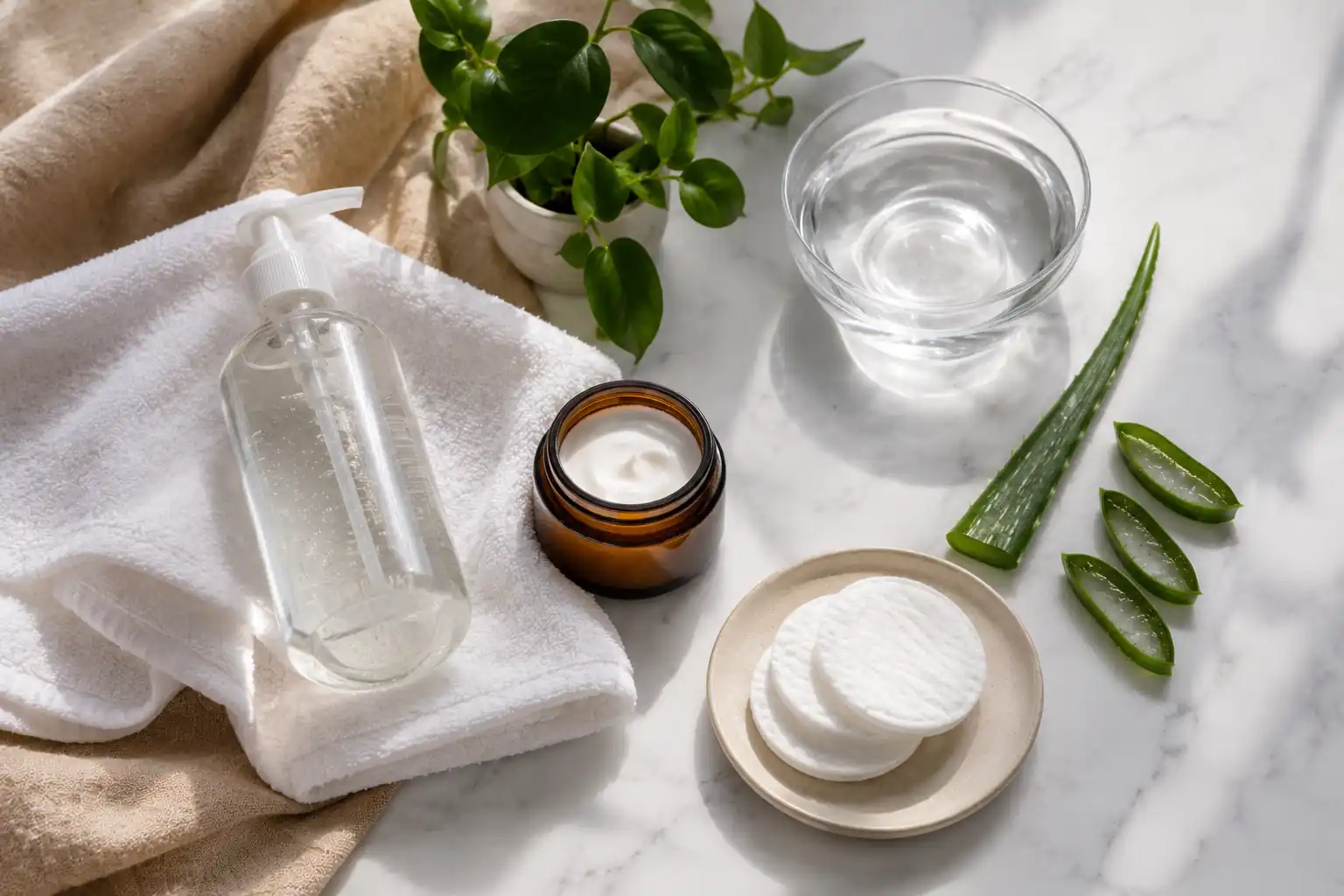 Fragrance-free tattoo aftercare products arranged on a clean marble surface with aloe vera and a white towel.