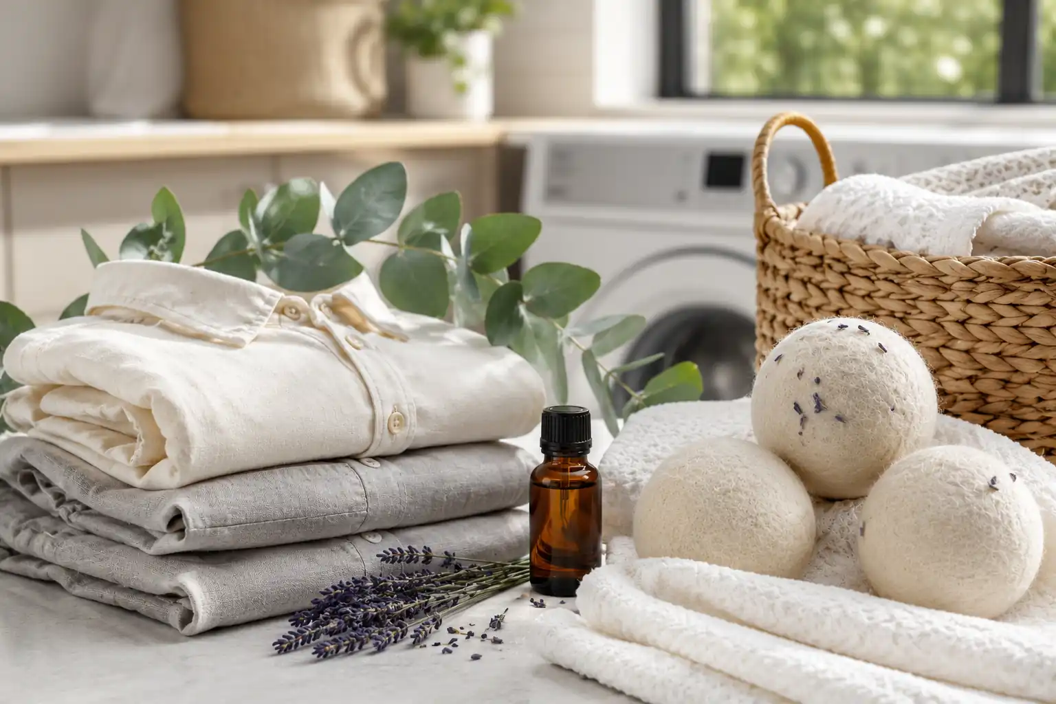 : Wool dryer balls scented with lavender essential oil beside clean folded towels.