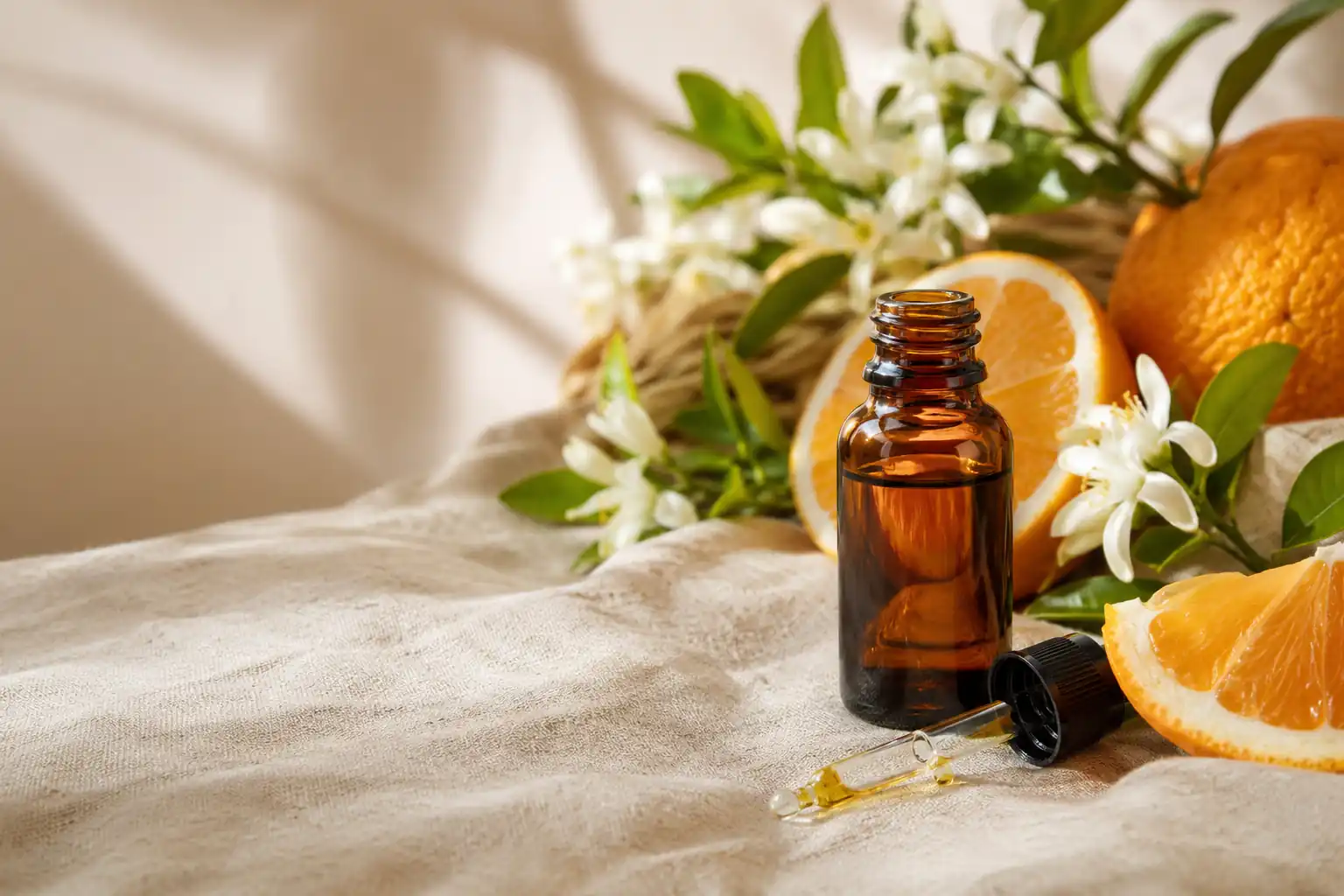 Amber bottle of essential oil from orange blossom surrounded by fresh orange blossoms, citrus leaves, and botanical skincare ingredients.