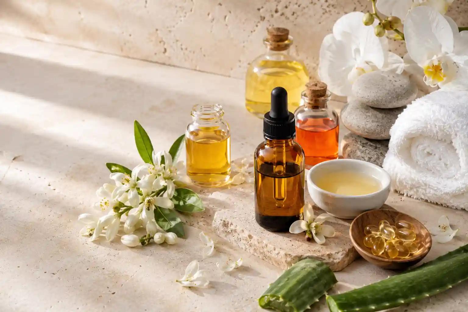 Orange blossom essential oil with jojoba, rosehip, and argan oils for natural skincare.