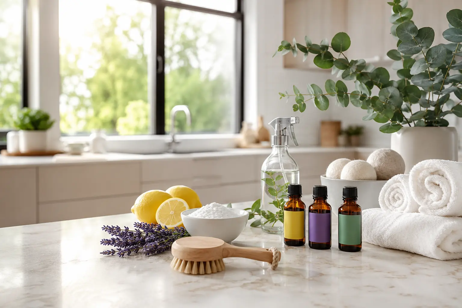 Natural essential oils, room spray, wool dryer balls, and eco-friendly cleaning supplies on a modern kitchen counter.