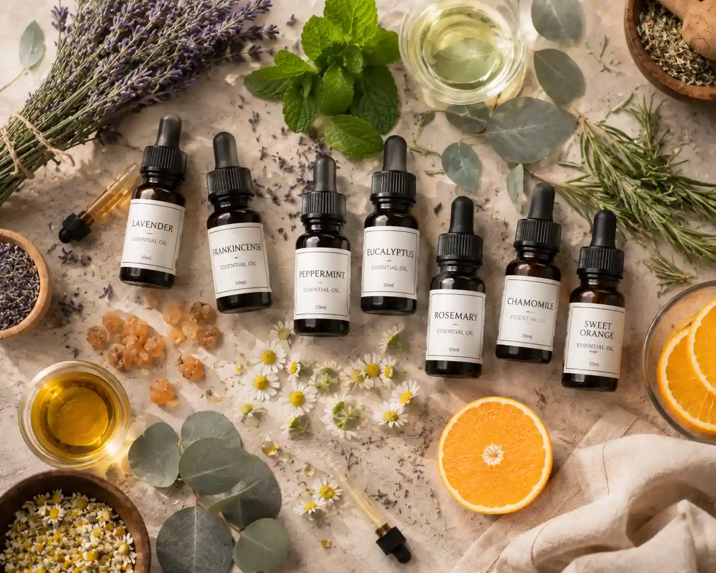 Flat lay of lavender, frankincense, peppermint, eucalyptus, rosemary, chamomile, and sweet orange essential oils with fresh herbs and citrus slices.