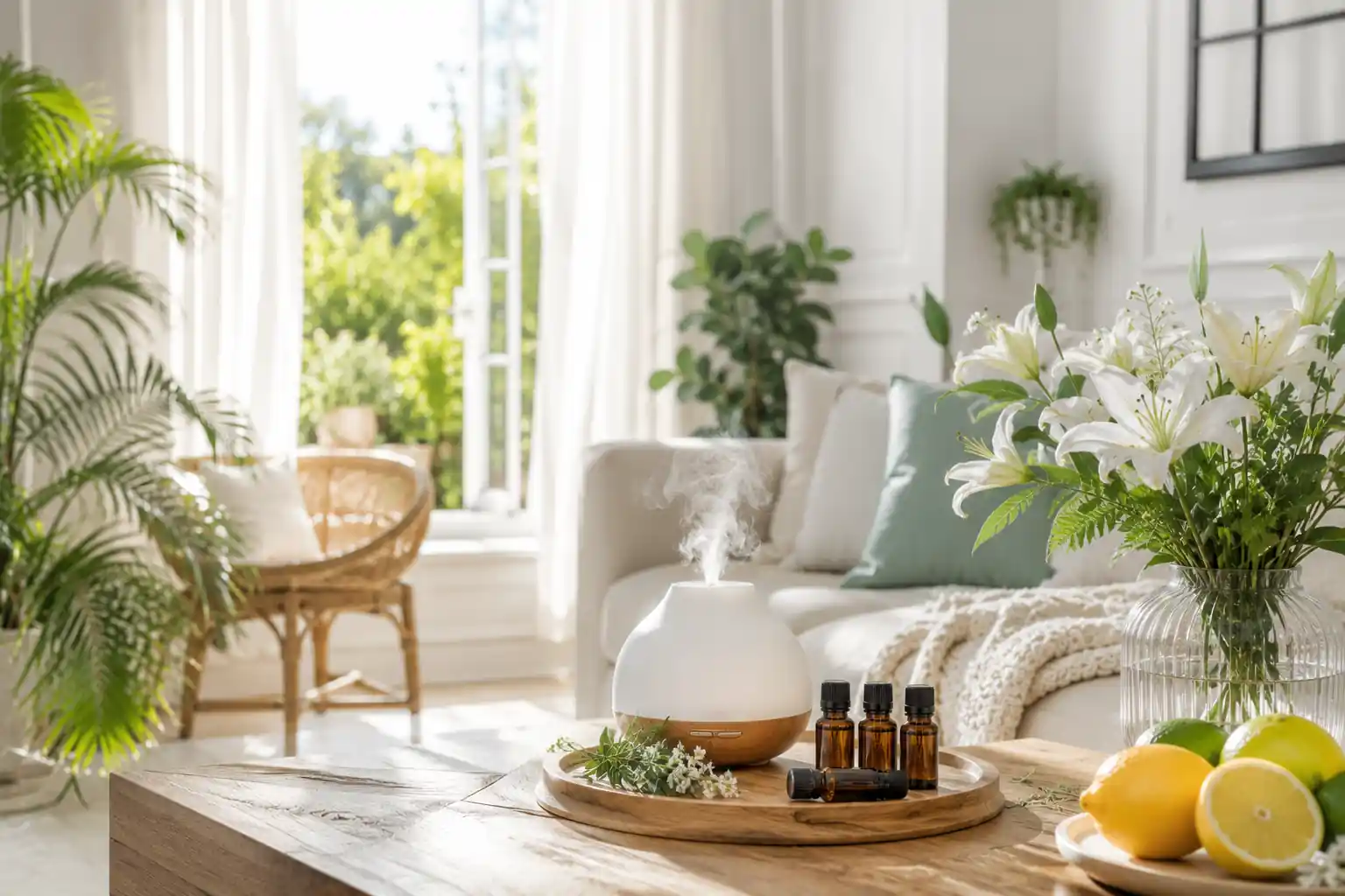 Bright living room with essential oil diffuser creating a fresh natural home fragrance.