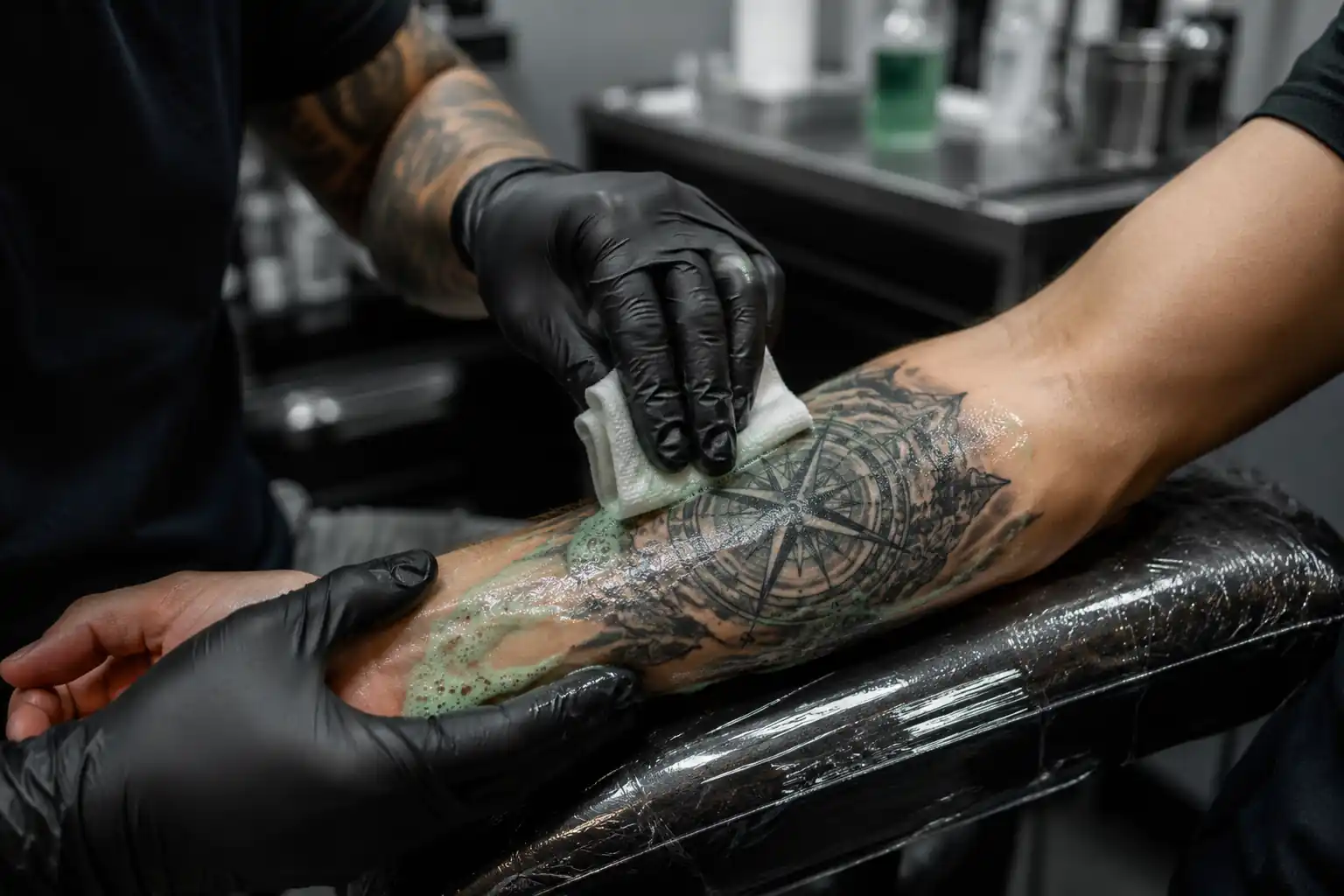 Tattoo artist cleaning a fresh tattoo with diluted green soap and sterile gauze during tattooing.