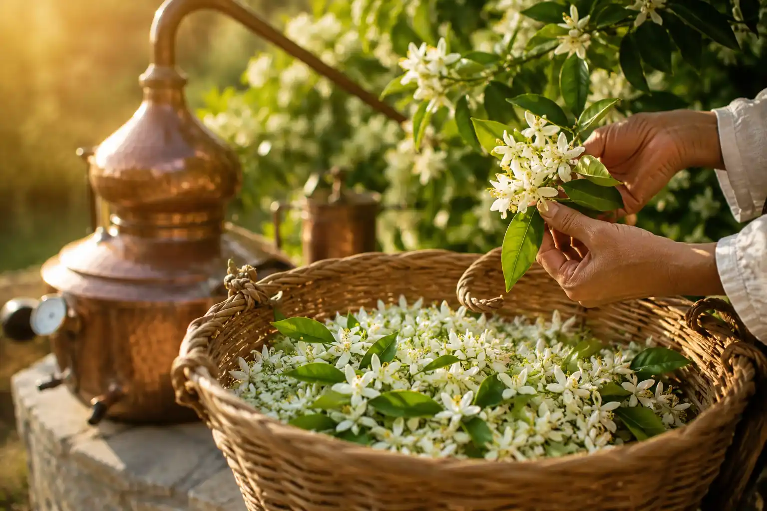 Fresh white orange blossoms being harvested for steam distillation into essential oil.