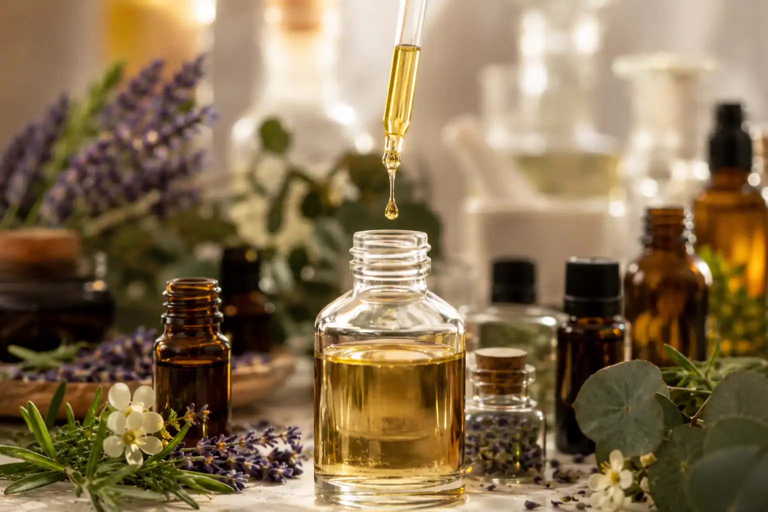 Golden carrier oil dripping from a glass pipette into a blending bottle for safe essential oil dilution.