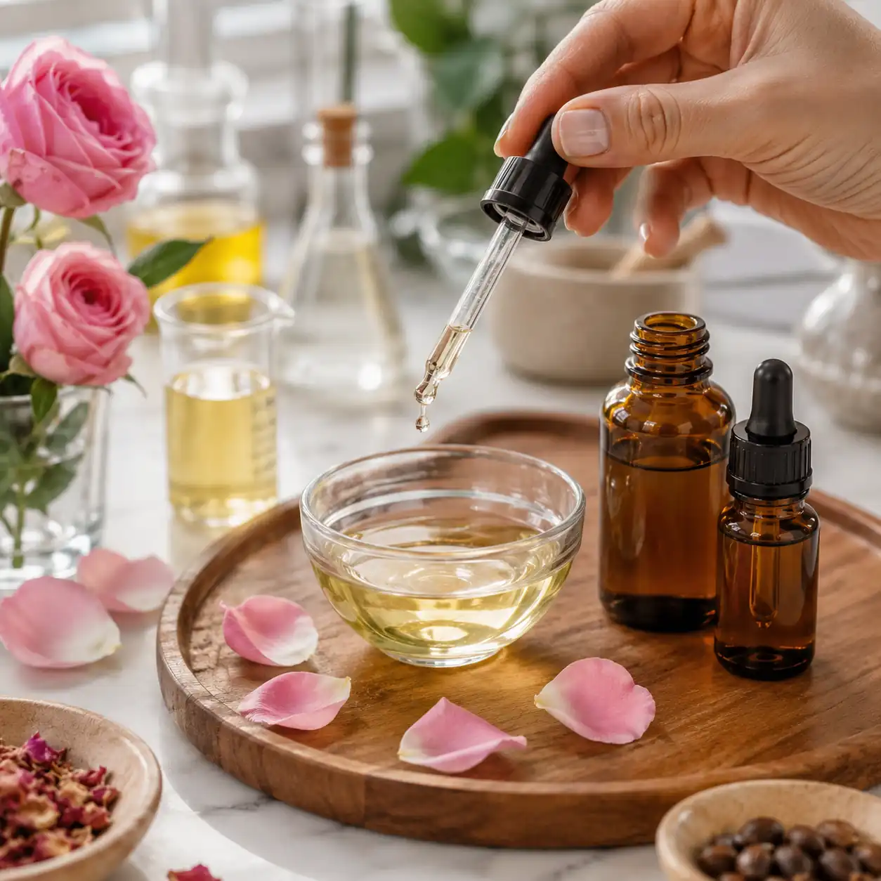Rose essential oil being diluted with jojoba carrier oil using a glass dropper in a clean DIY skincare setup.