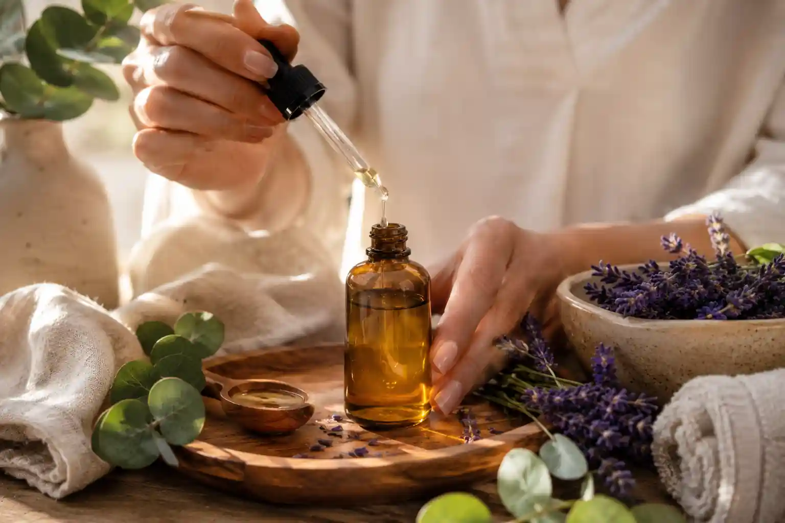 Hands blending lavender essential oil with jojoba carrier oil in an amber glass bottle using a glass dropper.