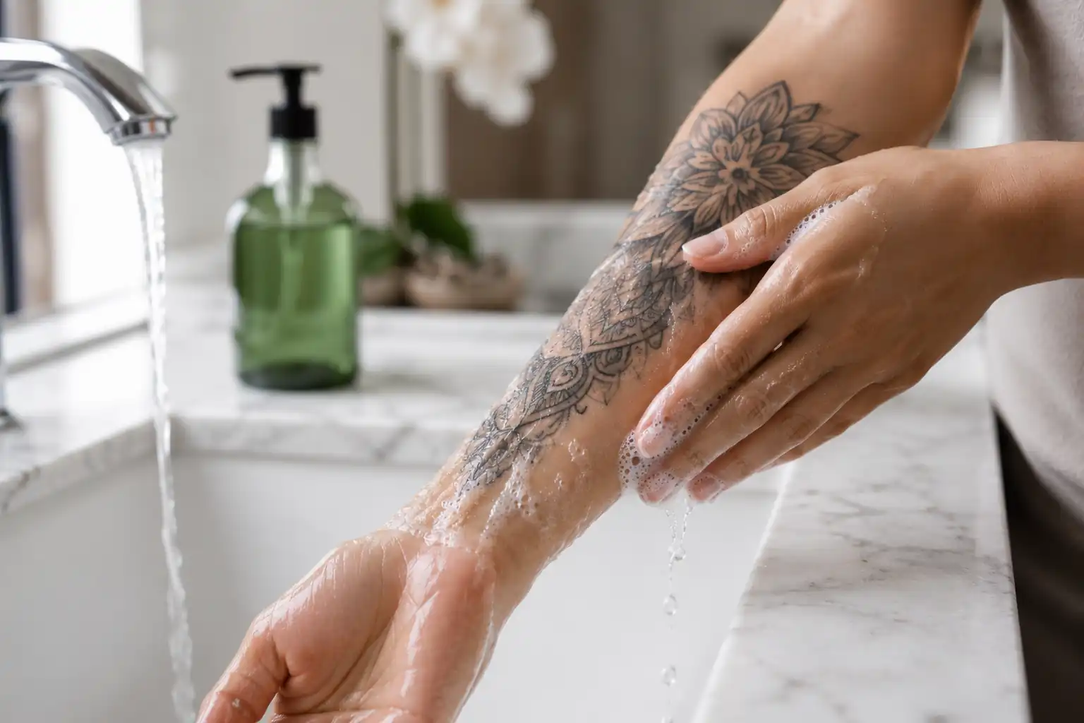 Clean hands gently washing a healing tattoo with fingertips and mild soap under lukewarm water.