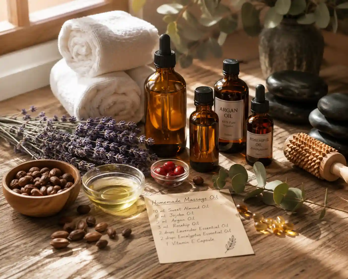 Luxury homemade massage oil flat lay featuring amber glass bottles, lavender, jojoba oil, argan oil, rosehip oil, vitamin E capsules, massage stones, spa towels, and natural wellness ingredients.