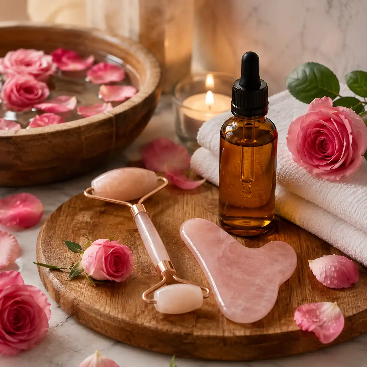 Rose essential oil facial massage blend with jojoba oil, jade roller, gua sha tool, candles, and fresh roses.