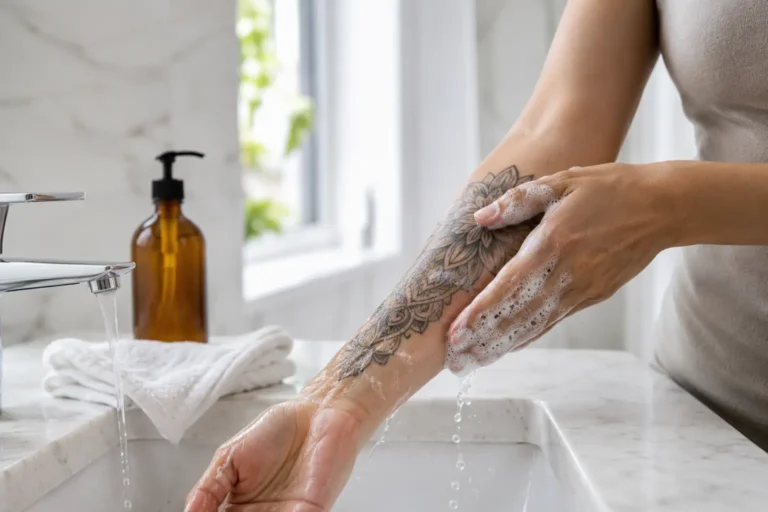 Person gently washing a fresh forearm tattoo with mild fragrance-free liquid soap under lukewarm water.