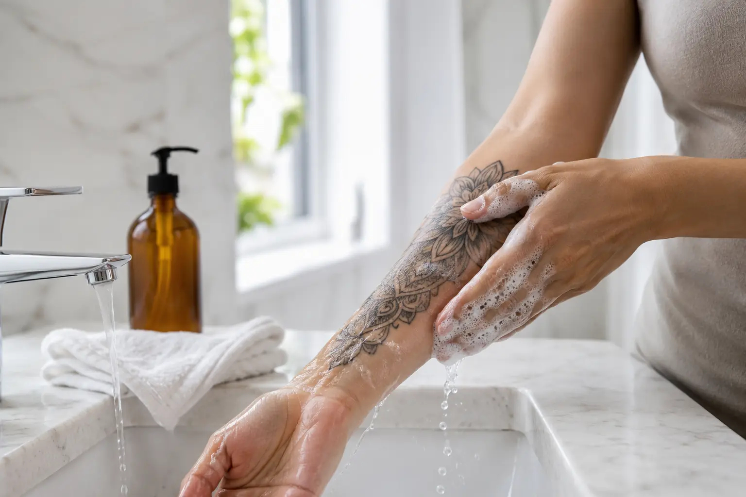 Person gently washing a fresh forearm tattoo with mild fragrance-free liquid soap under lukewarm water.