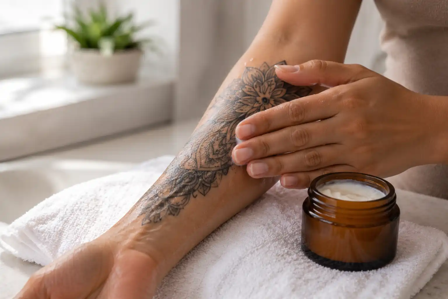 Applying a thin layer of fragrance-free moisturizer to a healing tattoo after cleansing.