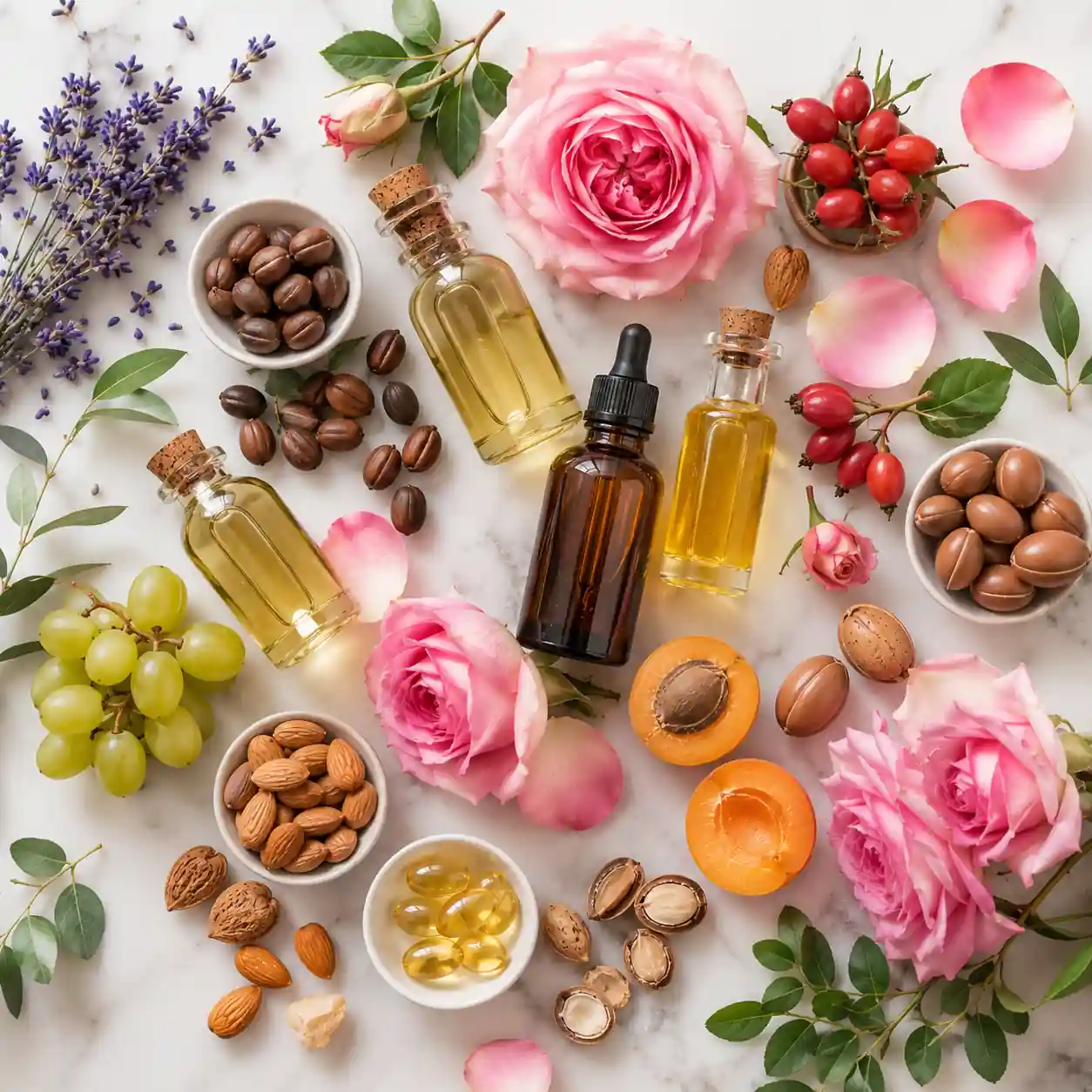 Fresh roses, rosehips, jojoba seeds, argan nuts, grapeseed, lavender, vitamin E, and carrier oils for rose oil blends.