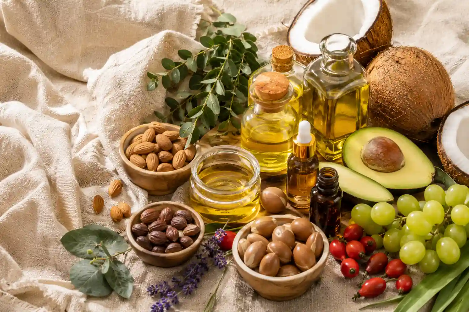 Fresh coconuts, almonds, avocados, jojoba seeds, argan nuts, grapes, and rosehips with glass bottles of botanical oils.
