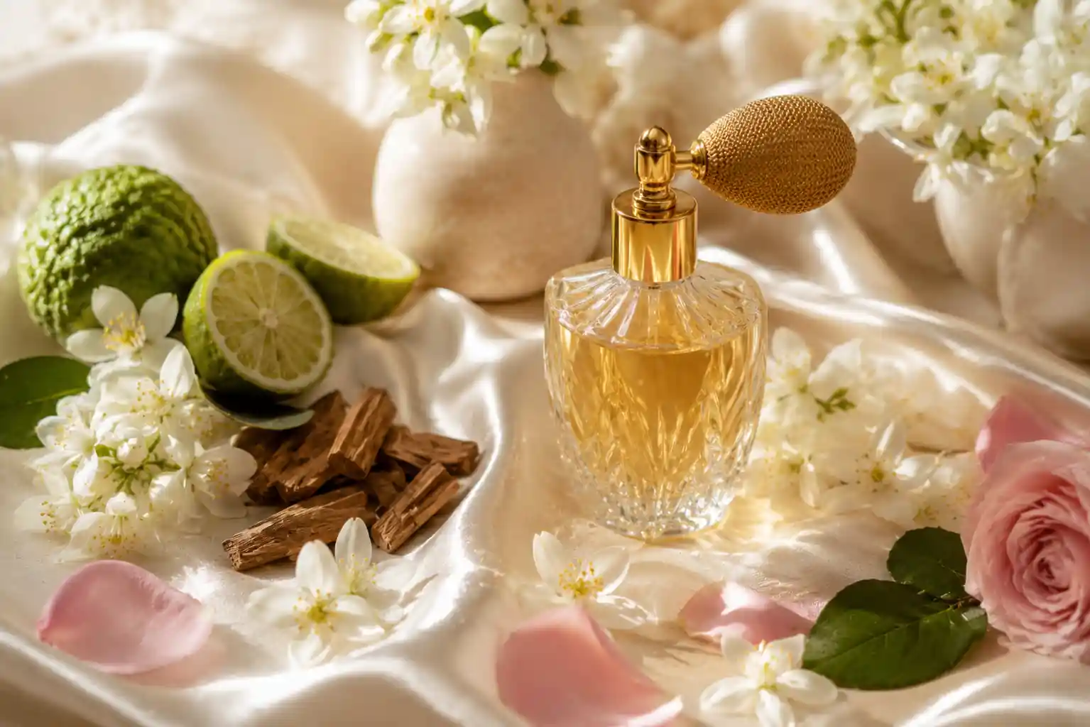 Elegant natural perfume featuring orange blossom essential oil with fresh flowers and citrus.