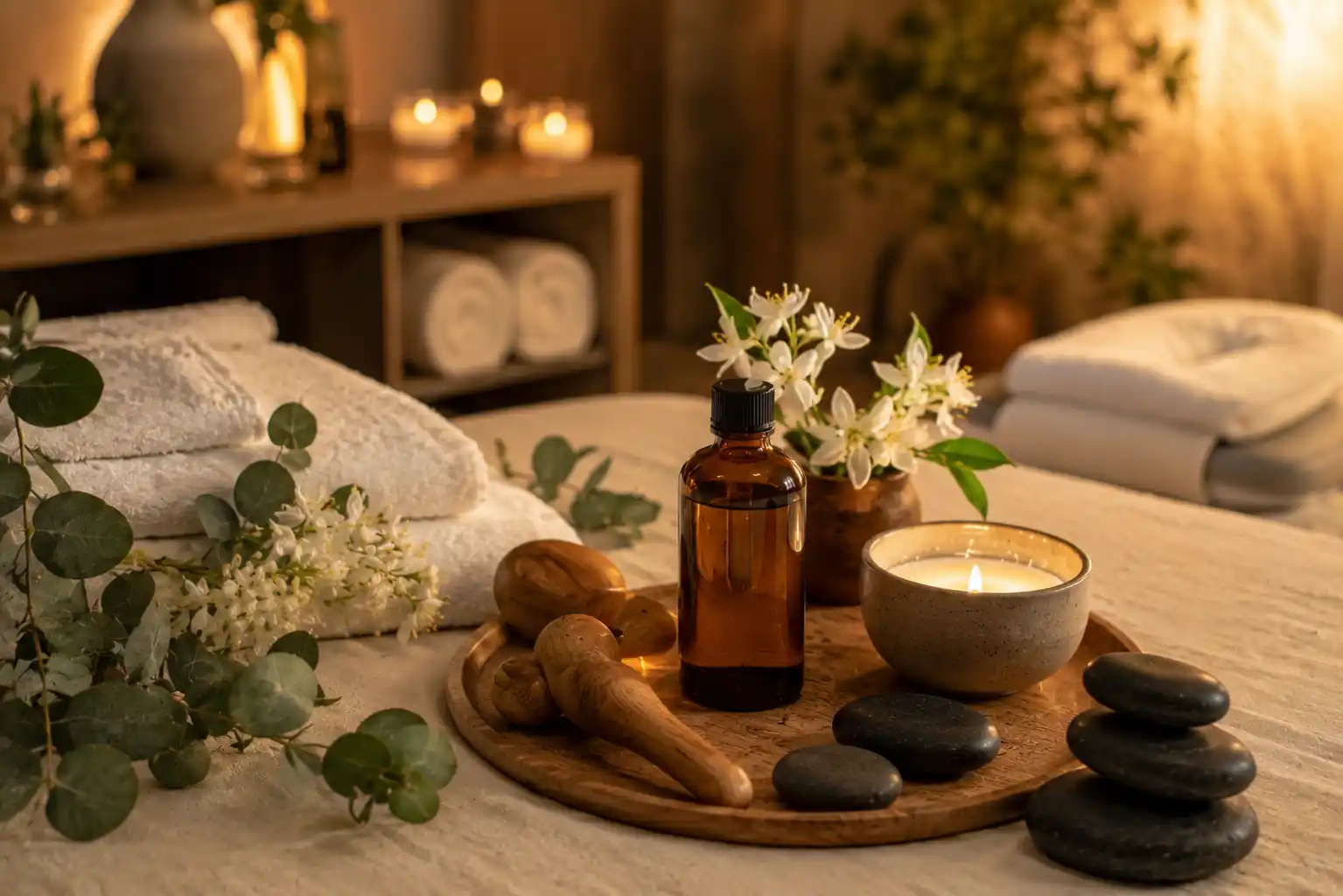 Luxury massage oil made with orange blossom essential oil in a spa setting.