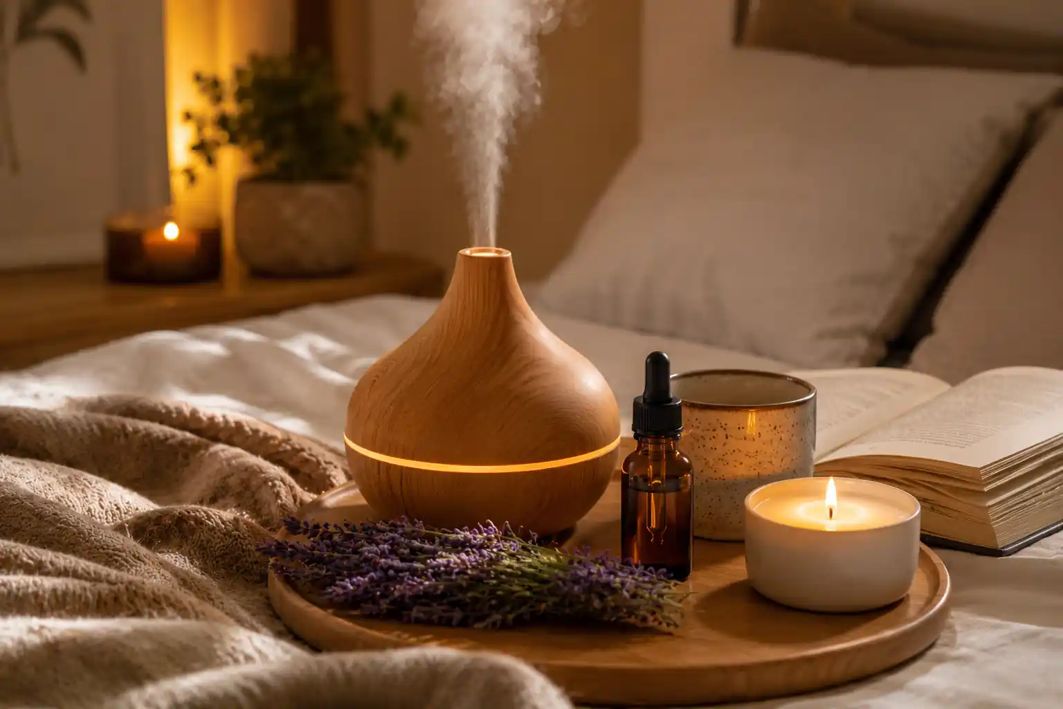 Essential oil diffuser with orange blossom essential oil creating a relaxing home atmosphere.