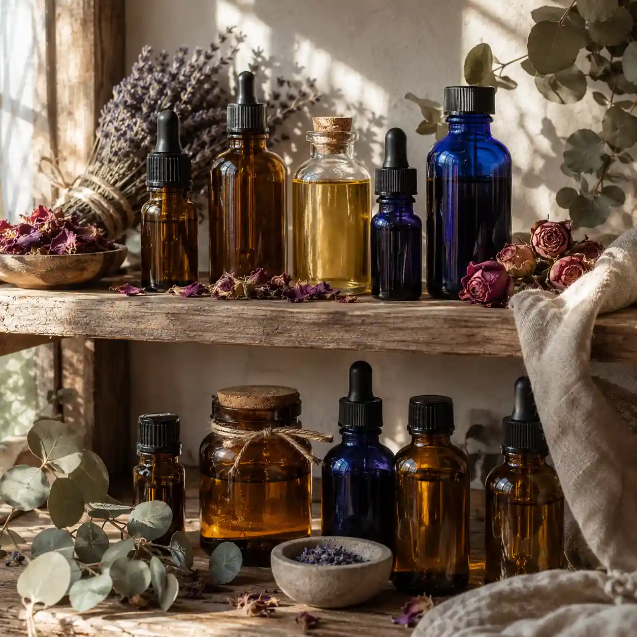 Amber glass bottles containing carrier oils and rose essential oil stored in a cool, dark location with dried botanicals.